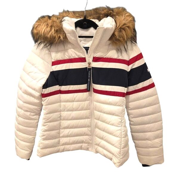 NWT Tommy Hilfiger Women's Puffer Coat White Removable Faux Fir Hood Trim S - Picture 1 of 10